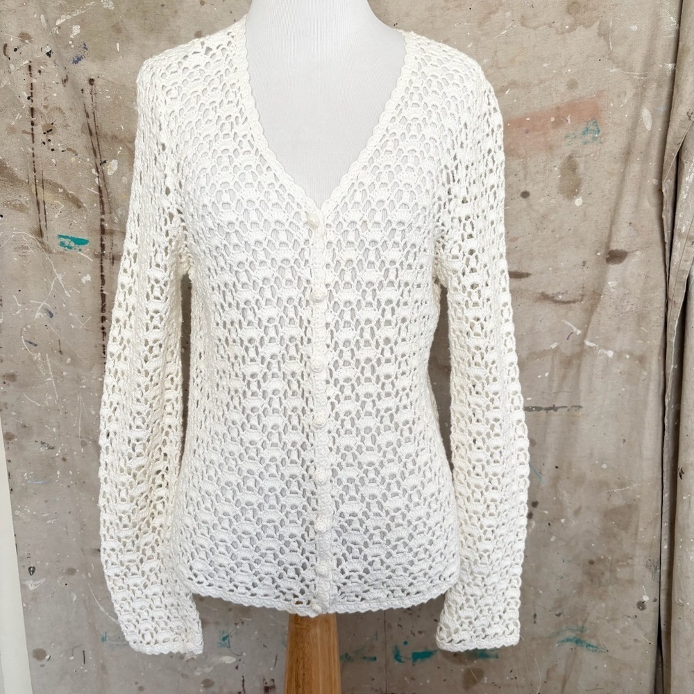 Vintage Boho Crochet Knit Button Front Cardigan Top Casual Corner Annex